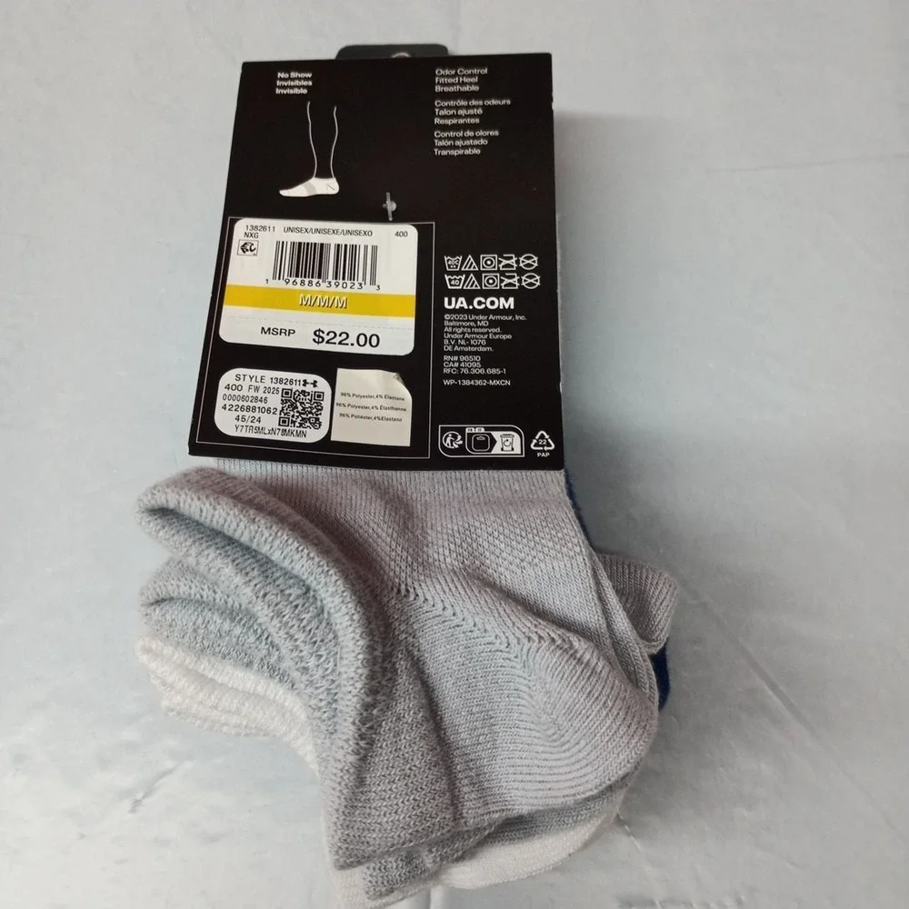 Under Armour Socks Men's Size M‎ 7-8.5 Essential No Show 6 Pairs Blue White Gray